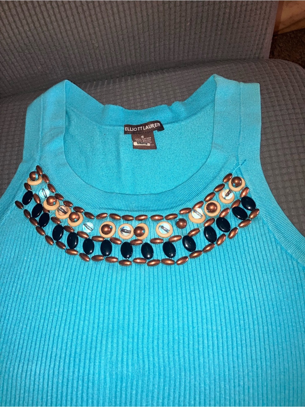 Elliott Lauren Turquoise Tank Top with Navy and Bronze Bead Trim